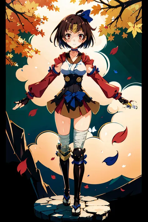 1girl, solo, blush, perky breasts:1.3, volumetric lighting, hourglass figure, long limbs, romantic,
masterpiece, best quality, highly detailed, quality, maple leaves petals floating in wind, face focus, cinematic composition, dynamic pose, foreshortening, beautiful face,
beautiful lighting, looking_at_viewer, bandages, (bandaged_leg), short_hair, big breasts, ribbon_choker, solo, choker, brown_eyes, brown_hair, bandaged_leg,japanese_clothes,(fingerless_gloves),red_eyes, corset, purple_ribbon,blue_bow,(leg_wrap), howlbgs, mountains, (insanely detailed, beautiful detailed face)
