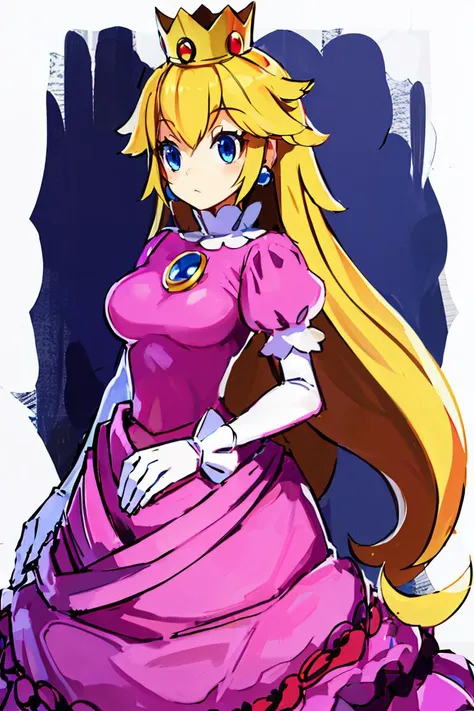 <lora:Harada_Takehito_Style_Dim32:0.8>, (masterpiece, best quality), 1girl, <lora:princesspeach-lora-nochekaiser:1> princess peach, blonde hair, blue eyes, long hair, crown, dress, gem, gloves, pink dress, puffy short sleeves, puffy sleeves, short sleeves, white gloves,