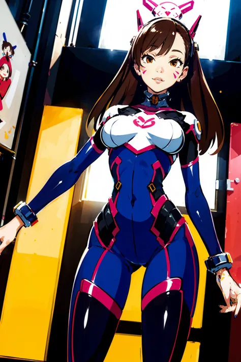 1girl, solo, blush, large perky breasts:1.3, volumetric lighting, thin waist, hourglass figure, long limbs, petite, nisa,
masterpiece, best quality, highly detailed, quality, nailpolish, face focus, cinematic composition, dynamic pose, foreshortening, beautiful face,
dva, (insanely detailed, beautiful detailed face, masterpiece, best quality) (masterpiece:1.4), (best quality:1.4), brown hair, brown eyes, facial mark, bodysuit, headgear, standing, upper body, arcade, indoors, neon lights, smile, (insanely detailed, beautiful detailed face