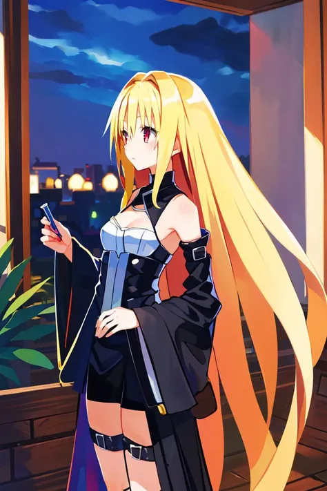 <lora:Harada_Takehito_Style_Dim32:0.8>, ((masterpiece,best quality)), absurdres, (finely detailed beautiful eyes: 1.2), phyami, yaminor, 1girl, solo, blonde hair, long hair, red eyes, thigh strap, very long hair, detached sleeves, black dress, <lora:yami-v1:1.0>,contrapposto