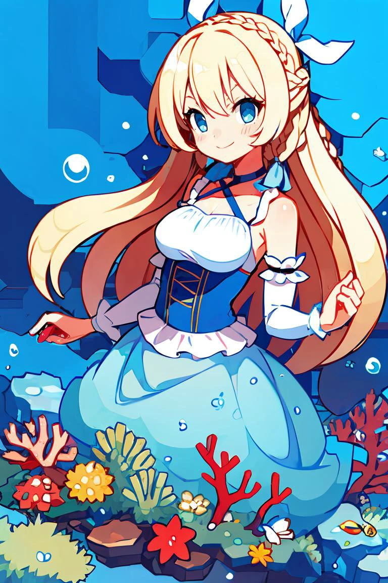 <lora:Harada_Takehito_Background_Dim32:0.8>,centered, award winning photo, (looking at viewer:1.2), | | underwater, bubbles, coral reef, | bokeh, depth of field, cinematic composition, | <lora:Squirtle_Pokemon:0.8> 1girl, blue eyes, smile, very long hair, blonde hair, long blonde hair,( french braid:1.1), bangs, medium breasts, hair ribbon, frilled choker, criss-cross halter, (blue dress:1.1), sleeveless dress, high-waist skirt, backless dress, waist bow, black detached sleeves, frilled sleeves,