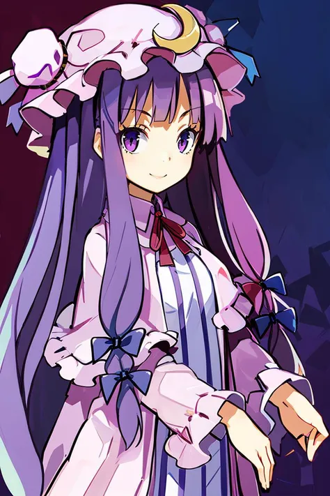 <lora:Harada_Takehito_Style_Dim32:0.8>, 
patchouli knowledge, 1girl, dress, (purple hair, purple eyes:1), long hair, mob cap, crescent hat ornament, ribbon, dress, <lora:patchouli:0.9>, smile,