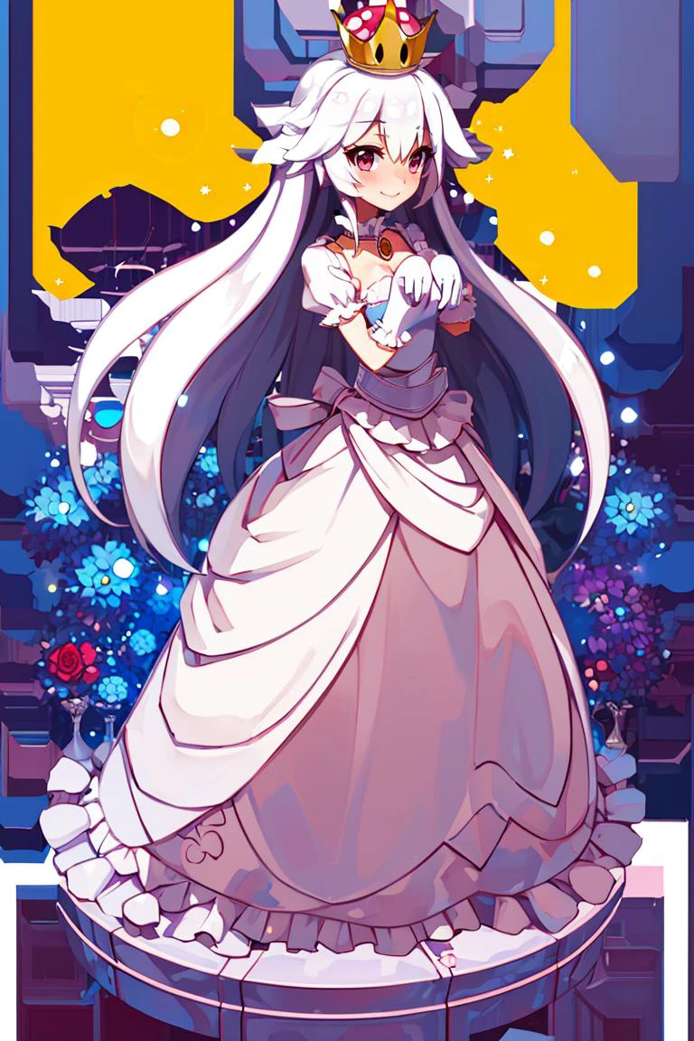 <lora:Harada_Takehito_Background_Dim32:1>, ((masterpiece,best quality)), absurdres, <lora:Boosette_Mario_Anime:0.9>, Boosette_Mario, 1girl, long hair, white hair, long white dress, ballroom dress, white gloves, solo, smiling, blushing, looking at viewer, cowboy shot, cinematic composition,