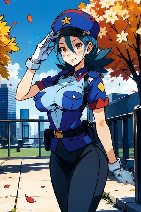 1girl, solo, blush, large breasts:1.3, volumetric lighting, hourglass figure, long limbs, voluptuous, nsfw, romantic, sexy, 
masterpiece, best quality, highly detailed, quality, maple leaves petals floating in wind, face focus, cinematic composition, dynamic pose, foreshortening, beautiful face, 
pkmnJenny, blue hat, police uniform, blue shirt, short sleeves, belt, pencil skirt, white gloves, cowboy shot, looking at viewer, smile, cityscape, blue sky, mature woman, salute,, (insanely detailed, beautiful detailed face)