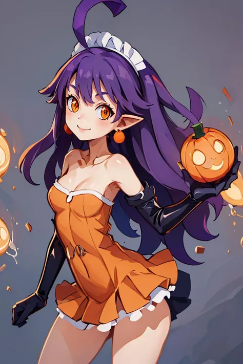 <lora:Harada_Takehito_Style_Dim32:0.8>, ((masterpiece,best quality)), absurdres, <lora:Stardust_Pumpkins_Citron_OC_Anime:0.8>, Stardust_Pumpkins_Citron_OC, 1girl, solo, long purple hair, orange eyes, ahoge, pointy ears, orange dress, elbow gloves, bare shoulders, maid headdress, jewelry, earrings, solo, smiling, looking at viewer, cowboy shot, cinematic composition, , contrapposto,