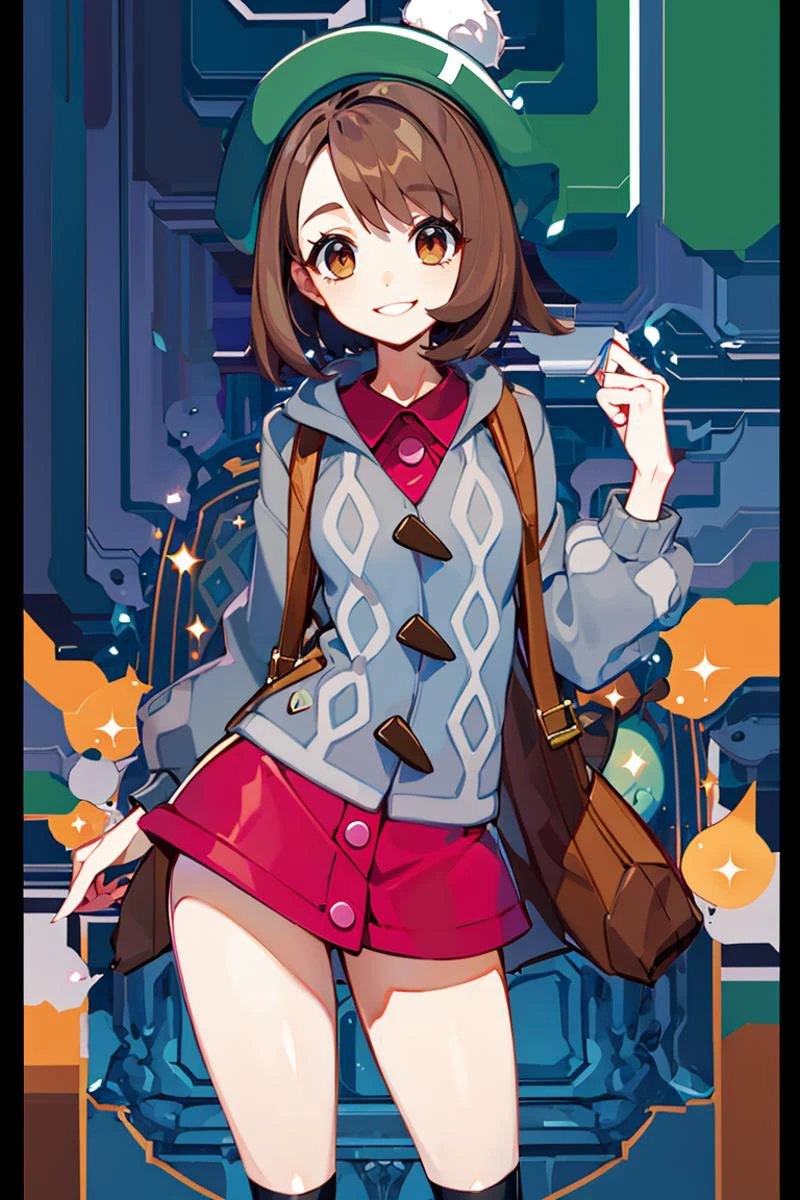 <lora:Harada_Takehito_Background_Dim32:0.8>, ((masterpiece,best quality)), absurdres, <lora:gloria_(pokemon)_v1:0.7>, gloria \(pokemon\), brown hair, solo, backpack, brown eyes, tam o' shanter, grey cardigan, pink dress, short hair, green socks, socks, brown bag, bob cut, bangs, long sleeves, collared dress, solo, smiling, looking at viewer, cowboy shot, cinematic composition, contrapposto,