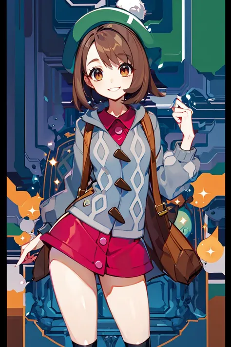 <lora:Harada_Takehito_Background_Dim32:0.8>, ((masterpiece,best quality)), absurdres,  <lora:gloria_(pokemon)_v1:0.7>,  gloria \(pokemon\), brown hair, solo, backpack, brown eyes, tam o' shanter, grey cardigan, pink dress, short hair, green socks, socks, brown bag, bob cut, bangs, long sleeves, collared dress,  solo, smiling, looking at viewer, cowboy shot,  cinematic composition, contrapposto,