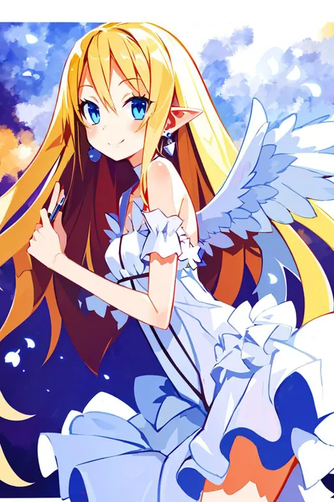 <lora:Harada_Takehito_v2_Repeats5:0.8>, , ((masterpiece,best quality)), absurdres,
1girl, solo,
blonde hair, long hair, white dress, blue eyes, pointy ears, earrings, jewelry, angel wings,
smiling, blush, looking at viewer, cowboy shot,