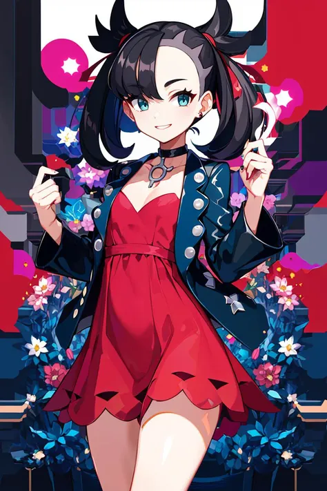 <lora:Harada_Takehito_Background_Dim32:0.8>, ((masterpiece,best quality)), absurdres, <lora:marnie_v1:0.7>, hmmarnie, aqua eyes, black choker, red ribbon, pink dress, jewelry, black jacket, open clothes, long sleeves,  solo, smiling, looking at viewer, cowboy shot, cinematic composition, contrapposto,