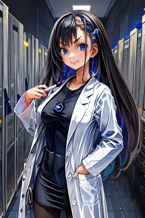 <lora:Harada_Takehito_Style_Dim32:1>,(masterpiece, best quality:1.2),solo, 1girl, civitai-chan, smile, looking at viewer, braided bangs, v-shaped eyebrows, labcoat, shirt, shirt tucked in, single vertical stripe, black skirt, pencil skirt, pantyhose, necklace, glowing lights, server room in background, <lora:gijinkaseries_civitai-18:0.7>, <lora:more_details:0.7>