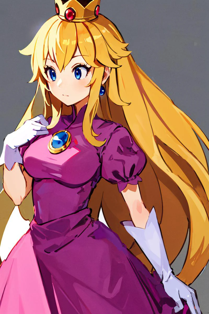 <lora:Harada_Takehito_Style_Dim32:0.8>, (masterpiece, best quality), 1girl, <lora:princesspeach-lora-nochekaiser:1> princess peach, blonde hair, blue eyes, long hair, crown, dress, gem, gloves, pink dress, puffy short sleeves, puffy sleeves, short sleeves, white gloves,