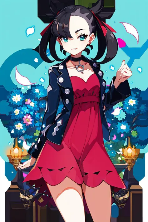 <lora:Harada_Takehito_Background_Dim32:1>, ((masterpiece,best quality)), absurdres, <lora:marnie_v1:0.7>, hmmarnie, aqua eyes, black choker, red ribbon, pink dress, jewelry, black jacket, open clothes, long sleeves,  solo, smiling, looking at viewer, cowboy shot, cinematic composition, contrapposto,