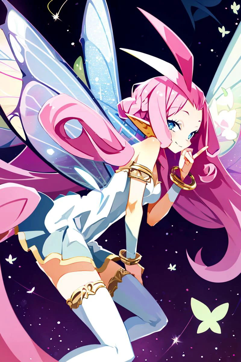 <lora:Harada_Takehito_v2_Repeats5:0.8>, , ((masterpiece,best quality)), absurdres, <lora:Tasi_AFK_Anime:0.8>, Tasi_AFK, long pink hair, fairy, fairy wings, dress, thighhighs, side view, solo, smiling, looking at viewer, cowboy shot, , ,