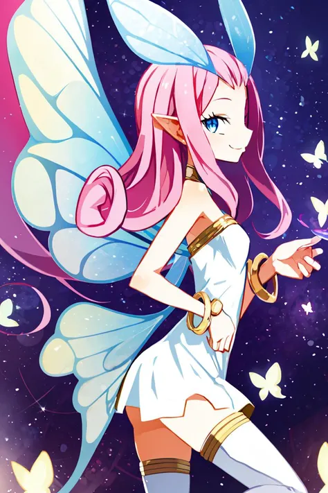 <lora:Harada_Takehito_v2_Repeats5:0.8>, , ((masterpiece,best quality)), absurdres, <lora:Tasi_AFK_Anime:0.8>, Tasi_AFK, long pink hair, fairy, fairy wings, dress, thighhighs,   side view,  solo, smiling, looking at viewer, cowboy shot,  , ,