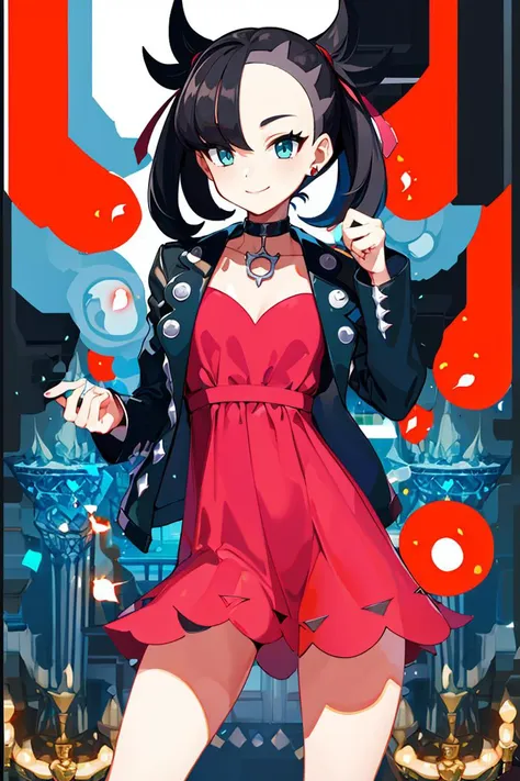 <lora:Harada_Takehito_Background_Dim32:0.8>, ((masterpiece,best quality)), absurdres, <lora:marnie_v1:0.7>, hmmarnie, aqua eyes, black choker, red ribbon, pink dress, jewelry, black jacket, open clothes, long sleeves,  solo, smiling, looking at viewer, cowboy shot, cinematic composition, contrapposto,