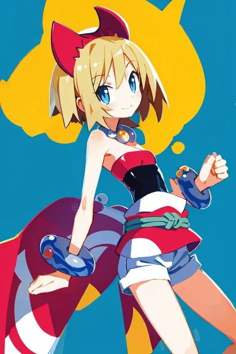 <lora:Harada_Takehito_v2_Repeats5:0.8>, , ((masterpiece,best quality)), absurdres, <lora:irida_(pokemon)_v1:0.7>, aairida, short hair, red hairband, neck ring, collar, strapless shirt, red shirt, bracelet, sash, waist cape, white shorts, bare legs, solo, smiling, looking at viewer, cowboy shot, ,