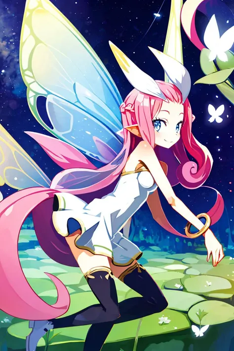 <lora:Harada_Takehito_v2_Repeats5:0.8>, , ((masterpiece,best quality)), absurdres, <lora:Tasi_AFK_Anime:0.8>, Tasi_AFK, long pink hair, fairy, fairy wings, dress, thighhighs, side view, solo, smiling, looking at viewer, cowboy shot, , ,