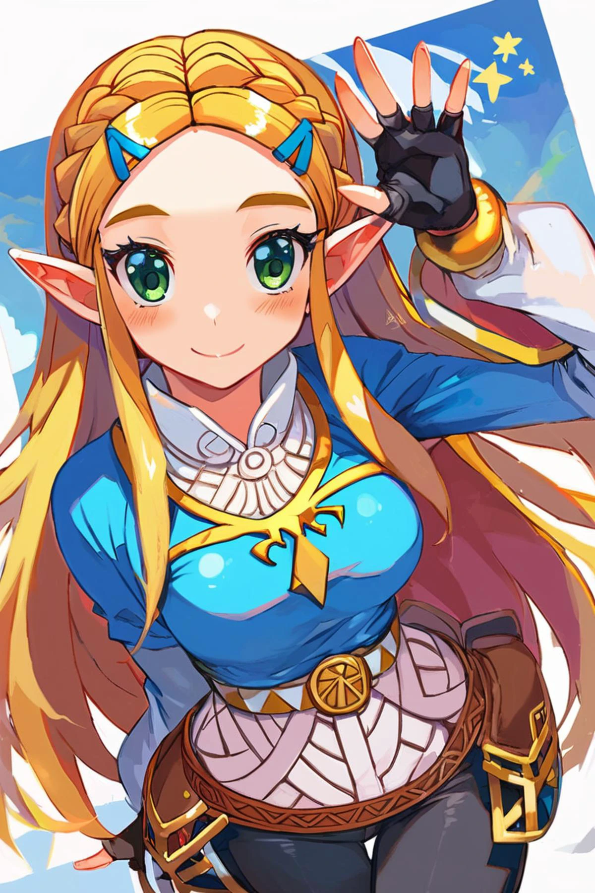 score_9, score_8_up, score_8, medium breasts, cute, eyelashes, princess zelda, solo, long hair, crown braid, hairclip, pointy ears, blue shirt, long sleeves, fingerless gloves, black gloves, black pants, tight pants, green eyes, solo, looking at viewer, smile, blush, <lora:Harada_Takehito_P3:1>,