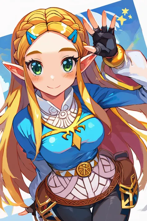 score_9, score_8_up, score_8, medium breasts, cute, eyelashes,       princess zelda, solo, long hair, crown braid, hairclip, pointy ears, blue shirt, long sleeves, fingerless gloves, black gloves, black pants, tight pants, green eyes, solo, looking at viewer, smile, blush,  <lora:Harada_Takehito_P3:1>,