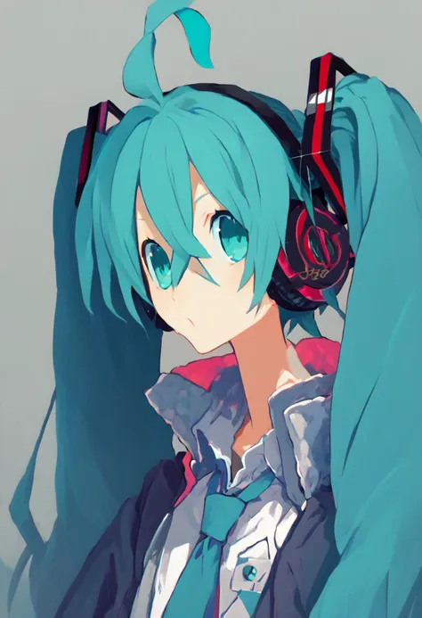 score_9, score_8_up, score_7_up, 1girl, high quality, best quality, masterpiece,  <lora:miku-hatsune-ponyxl-lora-nochekaiser:1> miku hatsune, ahoge, aqua eyes, aqua hair, crossed bangs, hair between eyes, hair ornament, headphones, long hair, twintails,           <lora:Harada_Takehito_Style_P1:1> harada_takehito