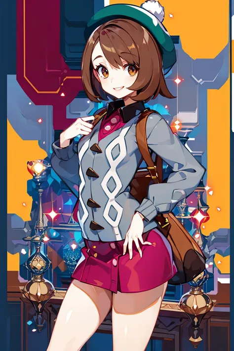 <lora:Harada_Takehito_Background_Dim32:0.8>, ((masterpiece,best quality)), absurdres,  <lora:gloria_(pokemon)_v1:0.7>,  gloria \(pokemon\), brown hair, solo, backpack, brown eyes, tam o' shanter, grey cardigan, pink dress, short hair, green socks, socks, brown bag, bob cut, bangs, long sleeves, collared dress,  solo, smiling, looking at viewer, cowboy shot,  cinematic composition, contrapposto,