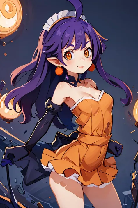 <lora:Harada_Takehito_Style_Dim32:0.8>, ((masterpiece,best quality)), absurdres, <lora:Stardust_Pumpkins_Citron_OC_Anime:0.8>, Stardust_Pumpkins_Citron_OC, 1girl, solo, long purple hair, orange eyes, ahoge, pointy ears, orange dress, elbow gloves, bare shoulders, maid headdress, jewelry, earrings, solo, smiling, looking at viewer, cowboy shot, cinematic composition, , contrapposto,
