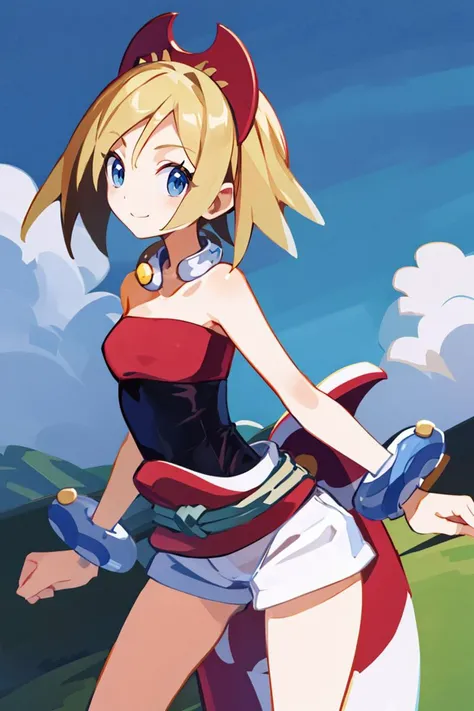 <lora:Harada_Takehito_Style_Dim32:0.8>, ((masterpiece,best quality)), absurdres, <lora:irida_(pokemon)_v1:0.7>, aairida, short hair, red hairband, neck ring, collar, strapless shirt, red shirt, bracelet, sash, waist cape, white shorts, bare legs, solo, smiling, looking at viewer, cowboy shot, cinematic composition, contrapposto,