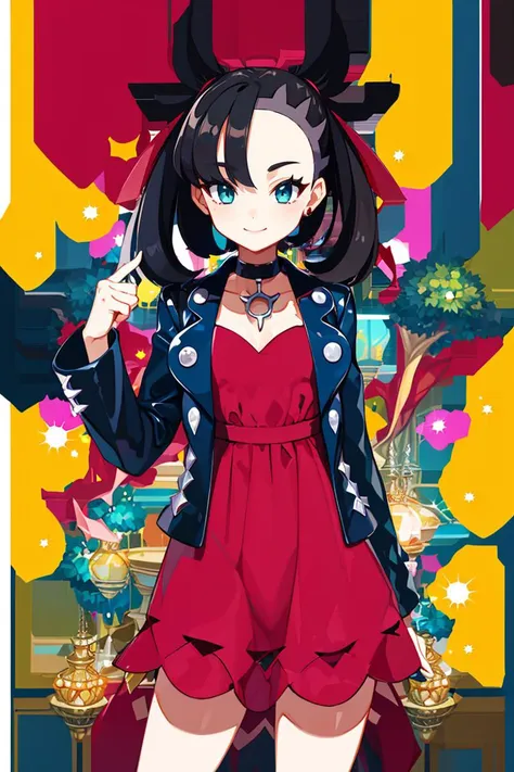 <lora:Harada_Takehito_Background_Dim32:1>, ((masterpiece,best quality)), absurdres, <lora:marnie_v1:0.7>, hmmarnie, aqua eyes, black choker, red ribbon, pink dress, jewelry, black jacket, open clothes, long sleeves,  solo, smiling, looking at viewer, cowboy shot, cinematic composition, contrapposto,