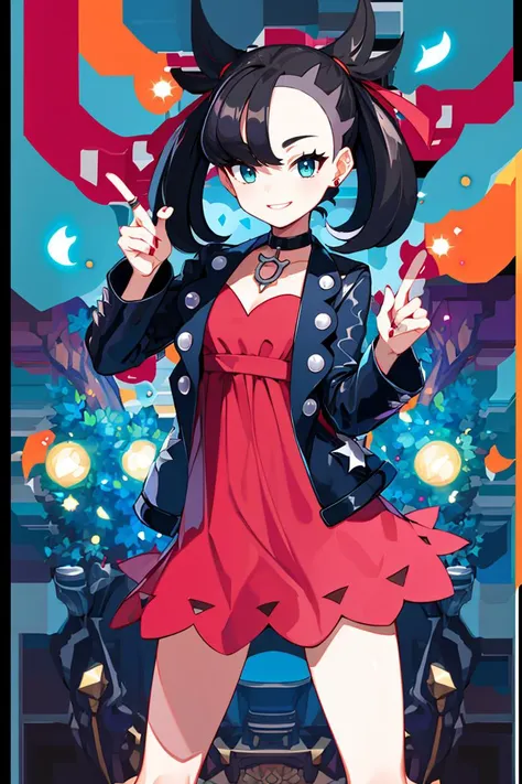 <lora:Harada_Takehito_Background_Dim32:0.8>, ((masterpiece,best quality)), absurdres, <lora:marnie_v1:0.7>, hmmarnie, aqua eyes, black choker, red ribbon, pink dress, jewelry, black jacket, open clothes, long sleeves,  solo, smiling, looking at viewer, cowboy shot, cinematic composition, contrapposto,