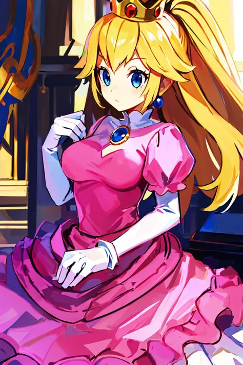 <lora:Harada_Takehito_Style_Dim32:0.8>, (masterpiece, best quality), 1girl,    <lora:princesspeach-lora-nochekaiser:1> princess peach, blonde hair, blue eyes, long hair, crown, dress, gem, gloves, pink dress, puffy short sleeves, puffy sleeves, short sleeves, white gloves,