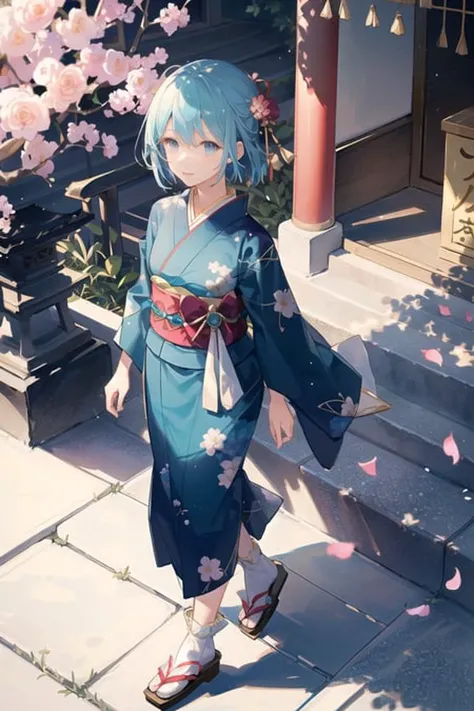 1girl, solo, from above, \(white lily flowers\), aesthetic, intricate, best quality, detailed background, Sayaka Miki, ((\girl wearing a patterned teal kimono:1.2\)), \(walking in zen garden\), casual pose, detailed textures, posing, floral print, hair flower, hair ornament, japanese clothes, kimono, obi, outdoors, pagoda, petals, (teal kimono), sash, shrine, sky, stone stairs, torii, wide sleeves, yukata <lora:SayakaMiki:1>