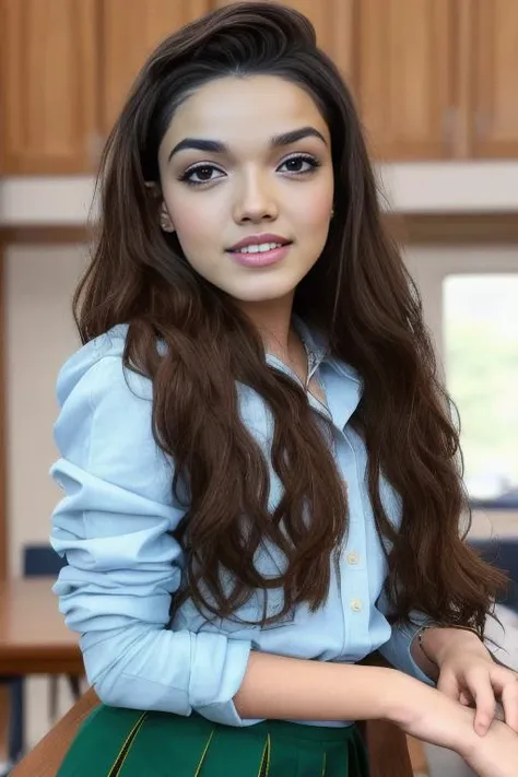 photo of rachelzegler Masterpiece, best_quality, high_resolution, distinct_image, high_contrast, 8K, beautiful detailed skin, detailed face, (school uniform:1.1), Braid, (delicated skirt:1.05), shy, indoors, room, hand on breasts, indoors, class room, <lora:jenna:0.8>, stormimaya, official identification photo of a young woman in a (elegant detailed white tight secretary shirt :1.5), (cleavage:1.5), (professional photo , studio lighting, hard light, sony a7, 50 mm, (hyperrealistic), big depth of field, mate skin, pores, colors, hyperdetailed, best quality, photorealistic, 8k, high res, best quality), 1girl, (portrait), (dark grey photostudio background:1.4) , looking at viewer, (eye contact:1.4), piercing eyes, happy, smirk, smile, intricate