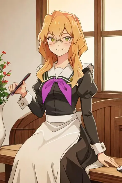 best quality, masterpiece, highres, solo, {maid:1.40}, {long maid dress:1.15}, {chibana_sumika_watashinoyuriwaoshigotodesu:1.15}, long_hair, blonde_hair, glasses, green_eyes, smile