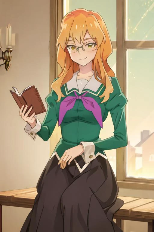 best quality, masterpiece, highres, solo, {chibana_sumika_watashinoyuriwaoshigotodesu:1.15}, long_hair, blonde_hair, glasses, green_eyes, smile, 1girl, bangs, holding, juliet_sleeves, long_sleeves, neckerchief, orange_hair, puffy_sleeves, school_uniform, window