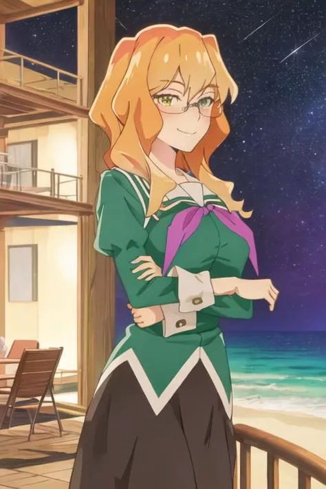 best quality, masterpiece, highres, solo, {night:1.10}, {starry sky:1.10}, beach, beautiful detailed sky, {extremely detailed background:1.20}, {chibana_sumika_watashinoyuriwaoshigotodesu:1.15}, {standing:1.10}, looking at viewer, {bikini:1.30}, long_hair, blonde_hair, glasses, green_eyes, smile, light smile