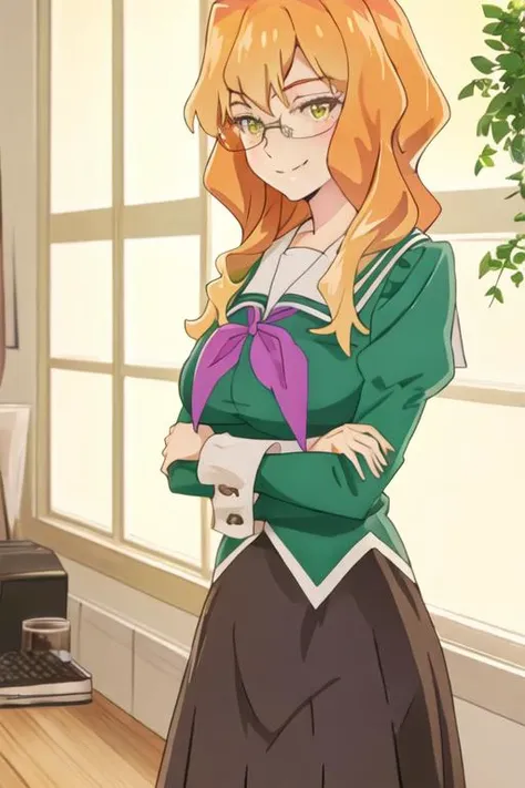 best quality, masterpiece, highres, solo, {chibana_sumika_watashinoyuriwaoshigotodesu:1.15}, long_hair, blonde_hair, glasses, green_eyes, smile, 1girl, breasts, long_sleeves, looking_at_viewer, orange_hair, school_uniform, neckerchief, window, crossed_arms, large_breasts