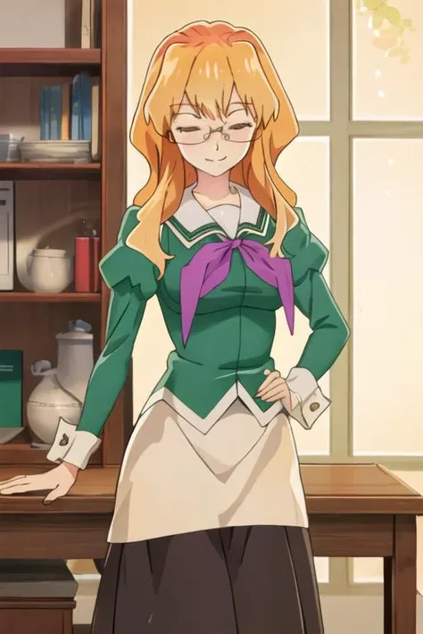 best quality, masterpiece, highres, solo, {chibana_sumika_watashinoyuriwaoshigotodesu:1.15}, long_hair, blonde_hair, glasses, green_eyes, smile, 1girl, closed_eyes, long_sleeves, puffy_sleeves, school_uniform, breasts, closed_mouth, juliet_sleeves, neckerchief