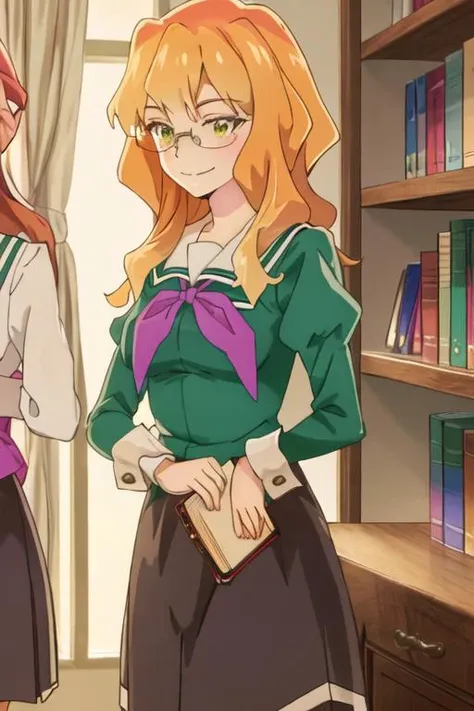 best quality, masterpiece, highres, solo, {chibana_sumika_watashinoyuriwaoshigotodesu:1.15}, long_hair, blonde_hair, glasses, green_eyes, smile, 1girl, book, holding, holding_book, long_sleeves, neckerchief, orange_hair, school_uniform, crossed_arms, juliet_sleeves