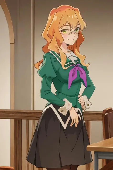 best quality, masterpiece, highres, solo, {chibana_sumika_watashinoyuriwaoshigotodesu:1.15}, long_hair, blonde_hair, glasses, green_eyes, smile, 1girl, black_skirt, long_skirt, long_sleeves, neckerchief, school_uniform, skirt, standing, crossed_arms, green_shirt, pantyhose