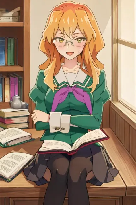 best quality, masterpiece, highres, solo, {chibana_sumika_watashinoyuriwaoshigotodesu:1.15}, long_hair, blonde_hair, glasses, green_eyes, smile, 1girl, blush, book, holding_book, reading, school_uniform, holding, orange_hair, sweatdrop, indoors, looking_at_viewer, open_book, open_mouth, window