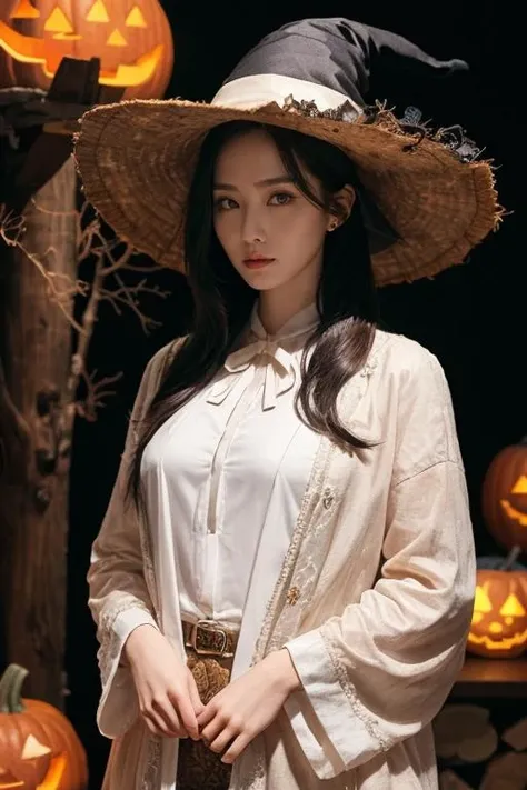 1girl, solo, wearing a witch outfit with white long hair, hallowen theme background with gloomy pumpkin glowing in the dark and full moon, mature body, upper body, wearing witch hat,