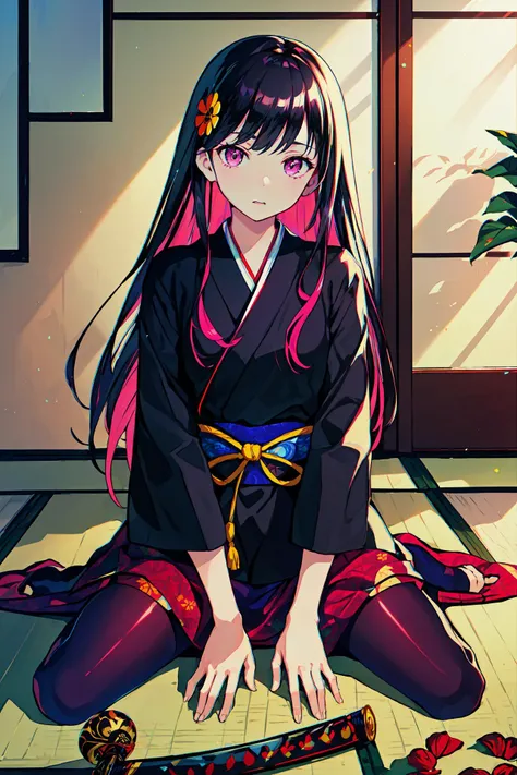 <lora:kikuchiyo_orange01091:0.6>, (reflect, shadow, dispersion), (masterpiece, best quality, perfect composition, 1girl, solo:1.2),
kikuchiyo, bangs, long black hair, (spy, ninja, purple hair colouring:0.8), red tights, chrysanthemum hair accessories,
ray tracing, colorful,intricate detail,  
indoor, bedroom, tatami, katana,