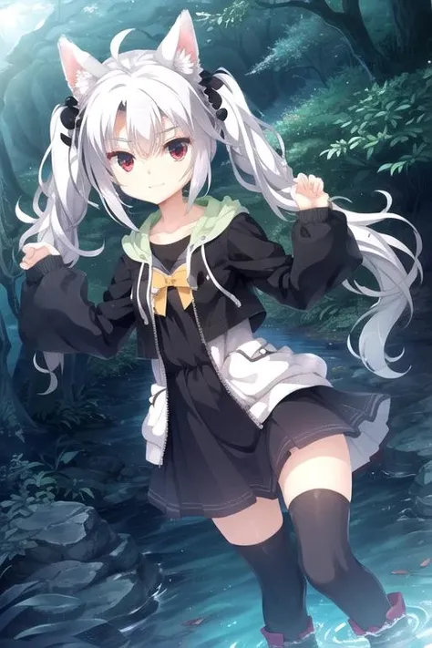 1girl, flat chest, short hair, white hair, ahoge, messy hair, payot, twintails, short twintails, animal ears, animal ear fluff, bat ears, bangs, hair between eyes, bat hair ornament, seductive smile, empty eyes, red eyes, glowing eyes, black dress, short dress, pleated skirt, hooded jacket, white jacket, open jacket, open clothes, white hood, hood down, long sleeves, wide sleeves, sleeves past wrists, sleeves past fingers, white thighhighs, zettai ryouiki, boots, white footwear, cave, damp, dark, geology, limestone, nature, rocks, subterranean, underground, water, wet, murky water, stalactites and stalagmites, masterpiece, best quality, official art, extremely detailed CG unity 8k wallpaper, artbook, yuzu-soft, kobuichi, muririn,