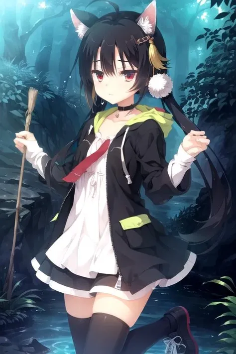 1girl, flat chest, short hair, black hair, ahoge, messy hair, payot, twintails, short twintails, animal ears, animal ear fluff, bat ears, bangs, hair between eyes, bat hair ornament, expressionless, empty eyes, red eyes, glowing eyes, white dress, short dress, pleated skirt, hooded jacket, black jacket, open jacket, open clothes, black hood, hood down, long sleeves, wide sleeves, sleeves past wrists, sleeves past fingers, black thighhighs, zettai ryouiki, boots, black footwear, cave, damp, dark, geology, limestone, nature, rocks, subterranean, underground, water, wet, murky water, stalactites and stalagmites, masterpiece, best quality, official art, extremely detailed CG unity 8k wallpaper, artbook, yuzu-soft, kobuichi, muririn,