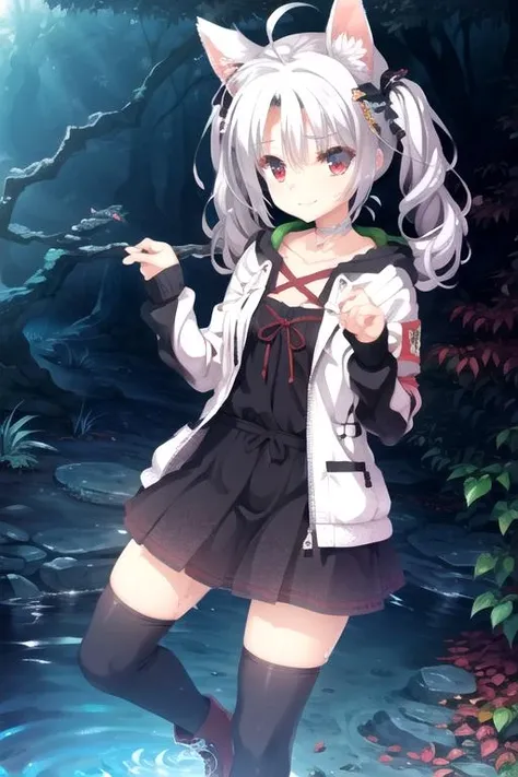 1girl, flat chest, short hair, white hair, ahoge, messy hair, payot, twintails, short twintails, animal ears, animal ear fluff, bat ears, bangs, hair between eyes, bat hair ornament, seductive smile, empty eyes, red eyes, glowing eyes, black dress, short dress, pleated skirt, hooded jacket, white jacket, open jacket, open clothes, white hood, hood down, long sleeves, wide sleeves, sleeves past wrists, sleeves past fingers, white thighhighs, zettai ryouiki, boots, white footwear, cave, damp, dark, geology, limestone, nature, rocks, subterranean, underground, water, wet, murky water, stalactites and stalagmites, masterpiece, best quality, official art, extremely detailed CG unity 8k wallpaper, artbook, yuzu-soft, kobuichi, muririn,