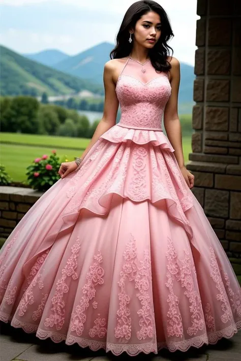 1girl, mature, beautiful, cute, hourglass body, masterpiece, scenic view
<lora:Pink_Gown_By-Stable_Yogi:1> crochet pattern, pink ballgown, pink roses pattern gown