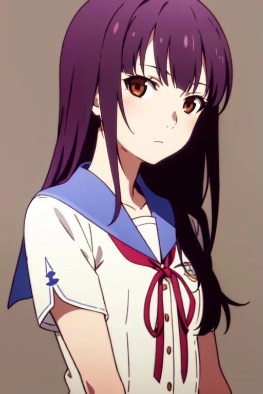 <lora:NazunaOikawaR4:0.7>,NazunaOikawaR4,1girl, solo, purple hair,brown eyes, school uniform, masterpiece, highres, best quality, upper body, simple background