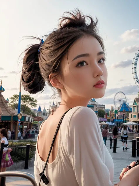 extremely detailed face, perfect lighting, best quality, photorealistic, ultra detailed, masterpiece,outdoor, amusement park, colorful, ponytail, headband, looking back over shoulder, amusement park rides and attractions in background, fullbody, <lora:pm1_v3:0.8>