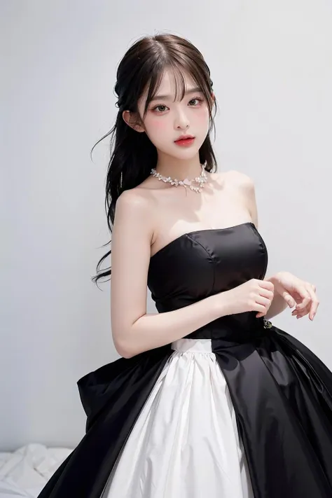 1girl, black  formal long dress,white background,   <lora:mobye_exBNK48-04:1>