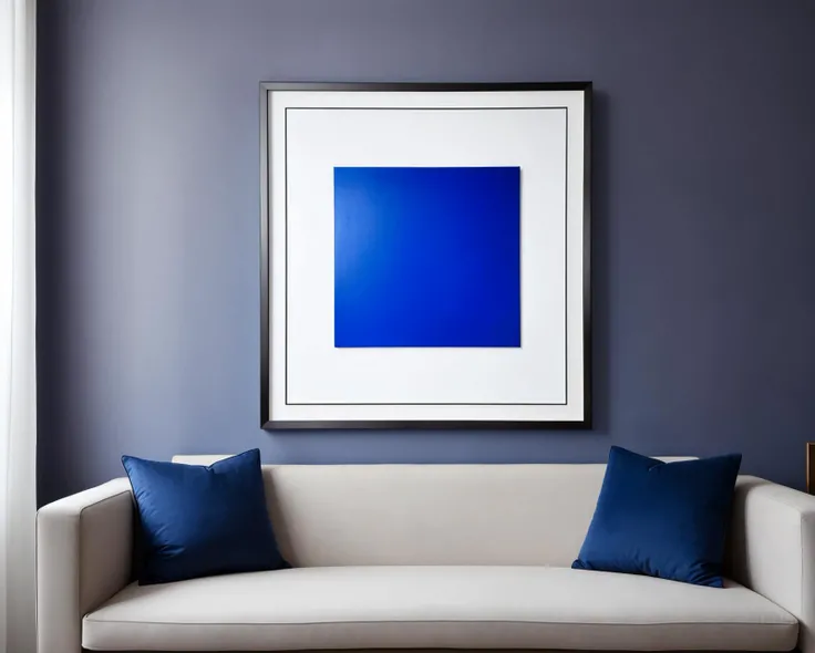 [professional::0.3][intricate:0.3:0.7][digital:0.7]-photography, grey square, blue border,<lora:geometrics:0.8>, (modern, abstract painting on a wall, framed:1.2), hotel room art, opulent room, wide-angle shot, couch, end-tables, decorative pillows, picture-perfect
